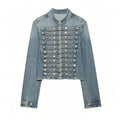 HH Women Vintage Distressed Denim Military Jacket Spring Autumn Slim Fit Biker Style Button Female Cropped Jean Coat Streetwear