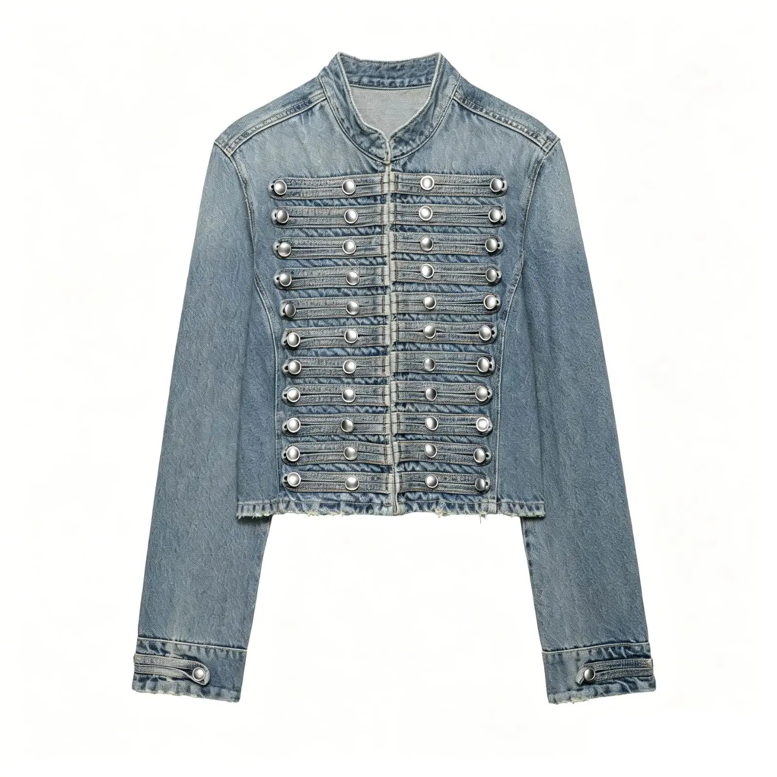 HH Women Vintage Distressed Denim Military Jacket Spring Autumn Slim Fit Biker Style Button Female Cropped Jean Coat Streetwear
