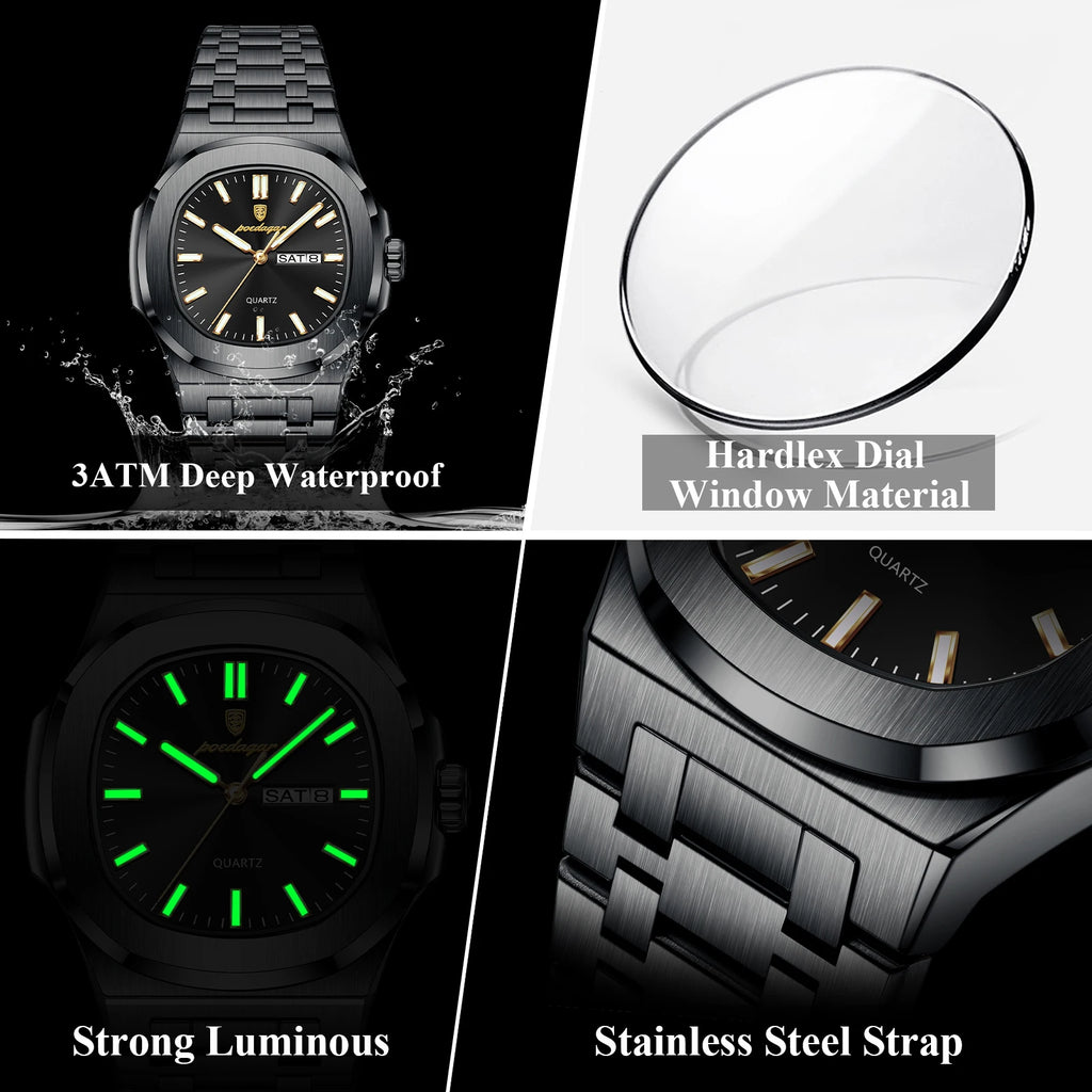 POEDAGAR Top Trendy Men's Watches Waterproof Luminous Date Week Luxury Men Watch Stainless Steel Quartz Business Man Clock Reloj