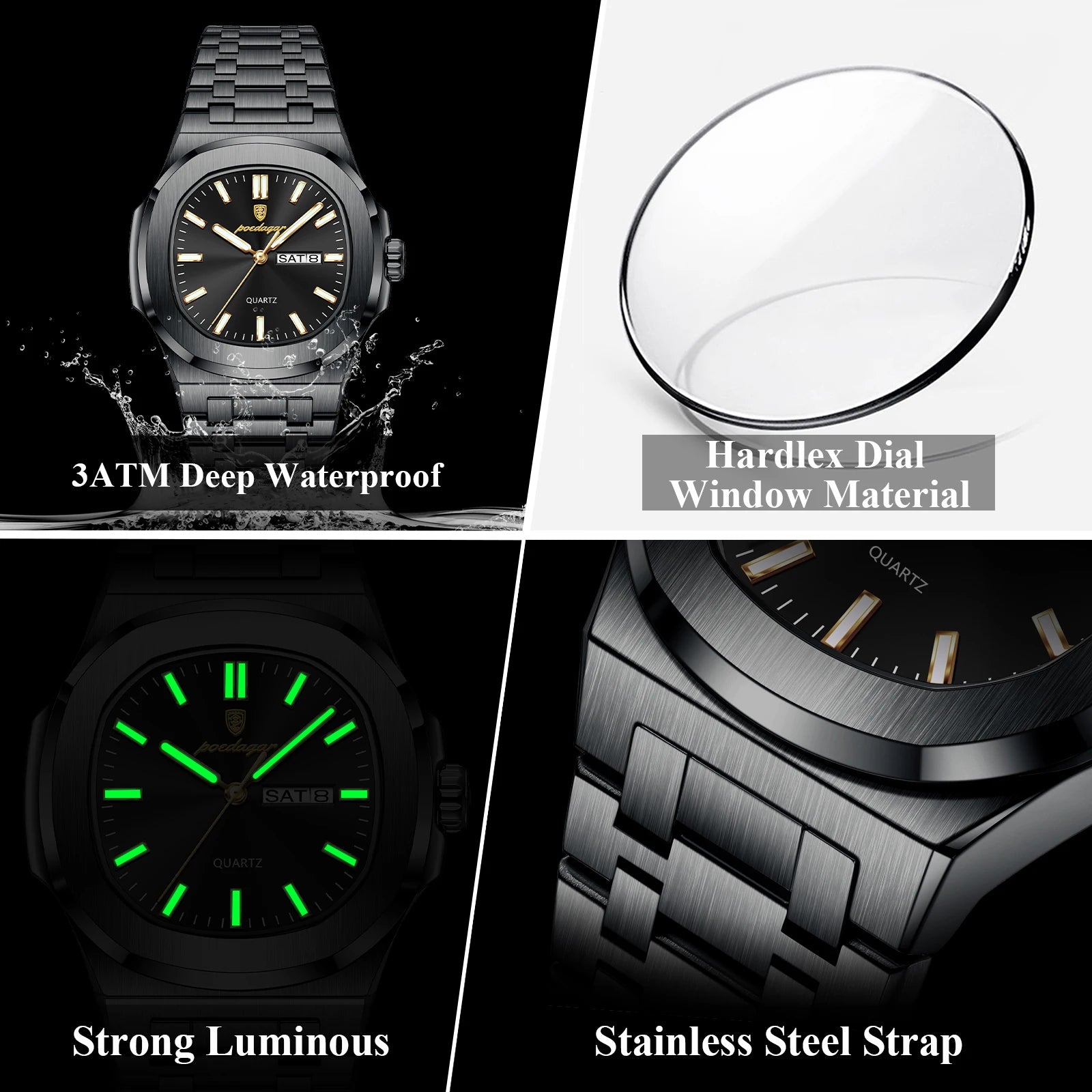 POEDAGAR Top Trendy Men's Watches Waterproof Luminous Date Week Luxury Men Watch Stainless Steel Quartz Business Man Clock Reloj