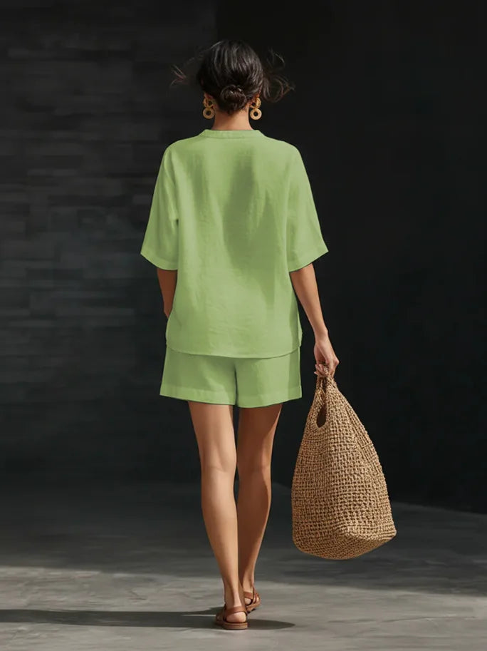 Women Casual Suits Fashion Two Pieces Sets Spring Summer Cotton Linen Loose Long Sleeve Drawstring Blouse Ruffles Shorts Set