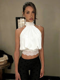 Lace Patchwork Halter Sleeveless Top Bow SLeeveless Tie Slim Fitted 2026 Summer Elegant Women Blouse Versatile Chic Lady Top