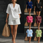 Women Casual Suits Fashion Two Pieces Sets Spring Summer Cotton Linen Loose Long Sleeve Drawstring Blouse Ruffles Shorts Set