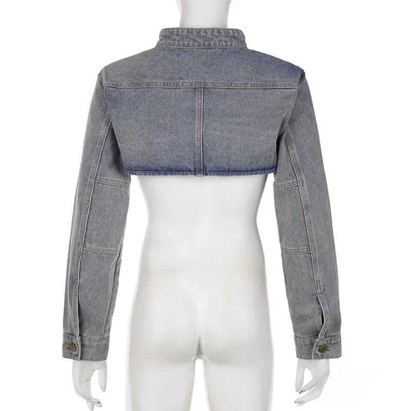 Women Fashion Denim Jacket Y2K Aesthetic Vintage Sexy Crop Tops Coat Japanese Harajuku Streetwear Female Spring Summer Outerwear