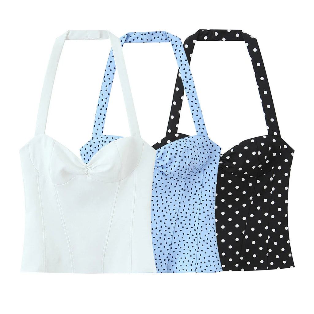 2026 Women New Fashion Suit Sexy Sleeveless Backless Polka Dot Halter Slim Short Top+Side Zipper Casual Short Skirts