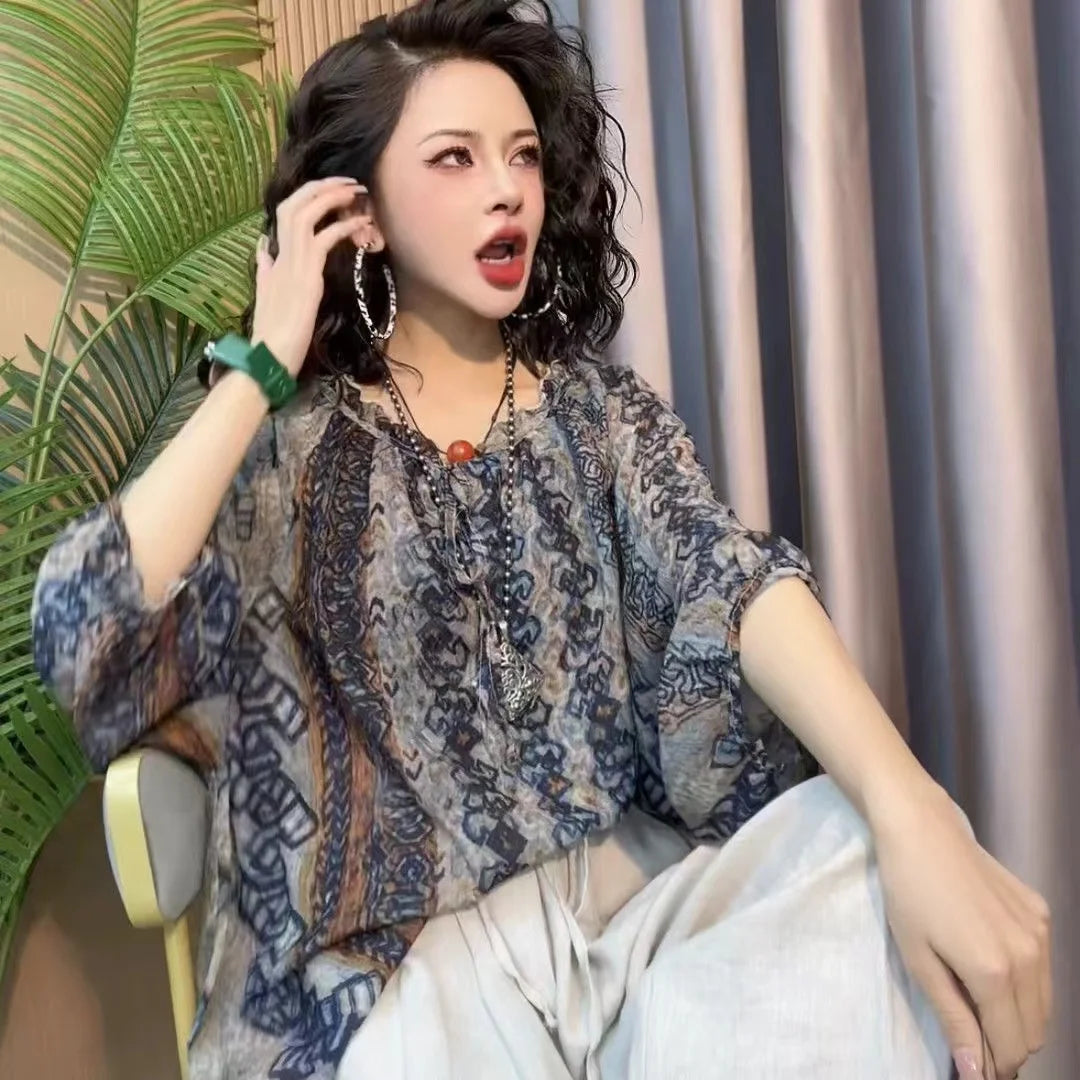 New Womens Cotton and Linen Clothing Sets Female Floral Long Sleeve Tops and Loose Pants Female 2PCS Outfits Plus Size
