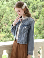 I BELIEVE YOU Short Denim Coat for Women 2024 Crew Neck Autumn New Casual Basic Straight Comfort Retro Female Jackets CWN245542A