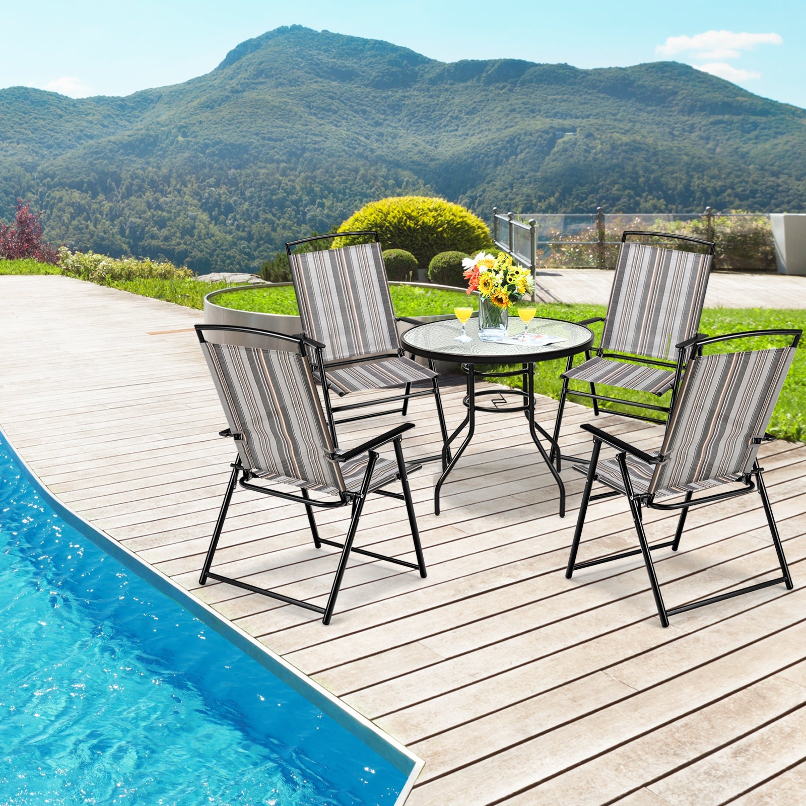 Set of 2 Patio Folding Sling Chairs Space-saving Dining Chair-Gray