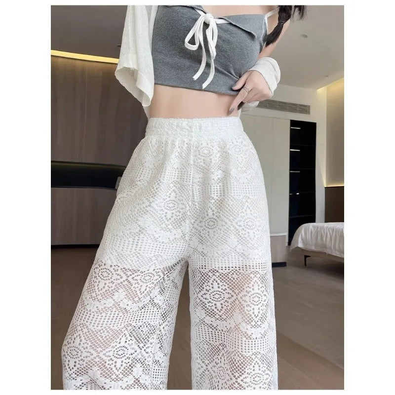 Hollow Lace White Casual Wide Leg 2025 Loose New Lazy Style Design Straight Trousers