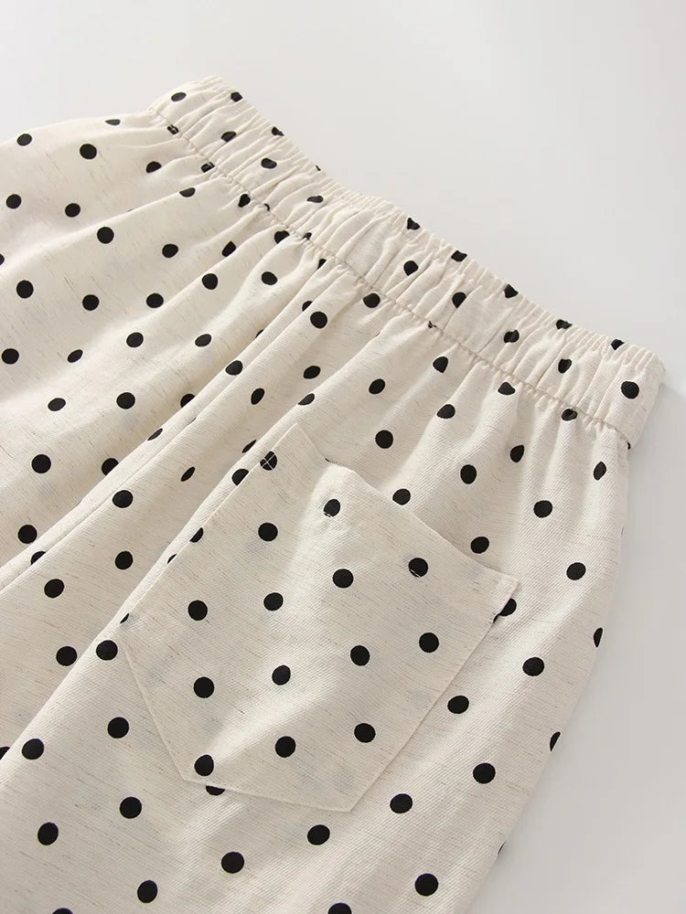 Black Polka Dot Linen Pants Women Wide Leg Summer Trousers Baggy For Ladies White Oversize Cotton Linen Pants Woman Wide