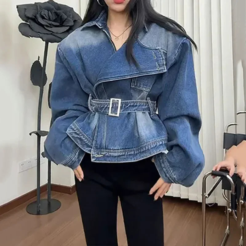 2026 Spring New American Style Washed Denim Jacket For Women Belted Waist Slim Fit Design Versatile And Trendy Casual Outerwear