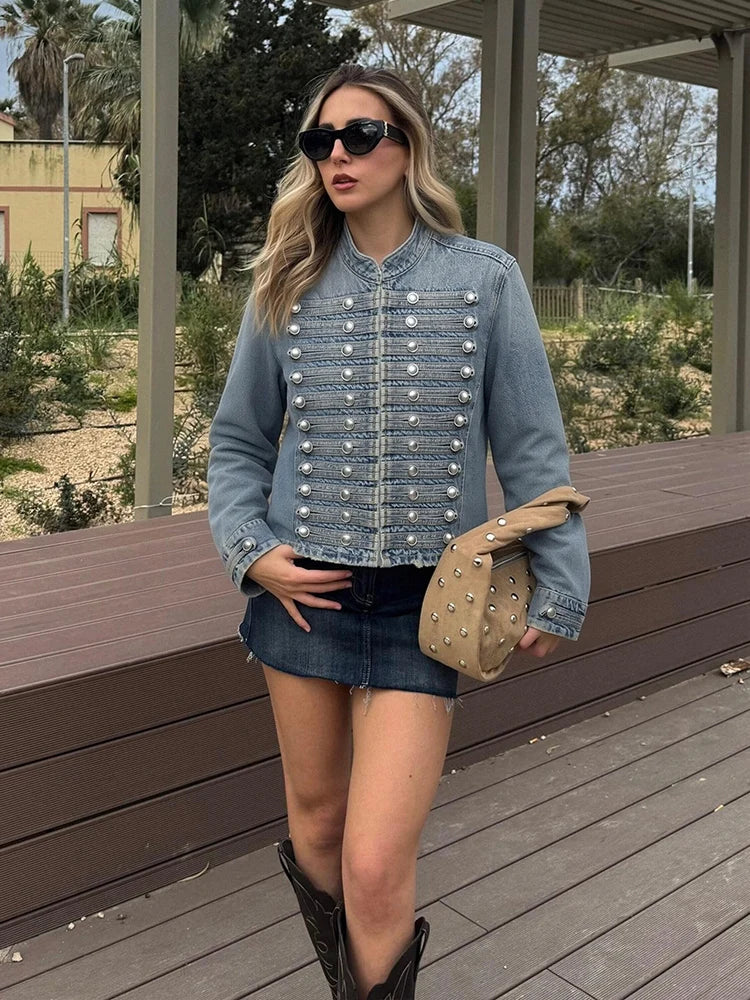 HH Women Vintage Distressed Denim Military Jacket Spring Autumn Slim Fit Biker Style Button Female Cropped Jean Coat Streetwear
