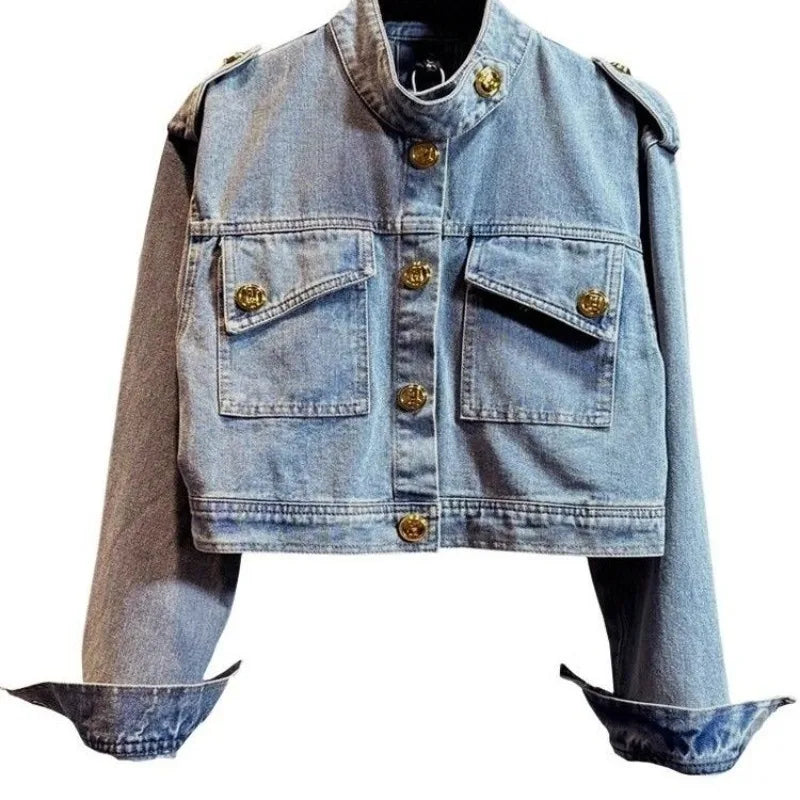 Blouse Jacket Women's Autumn Retro Cropped Denim Distinctive Gold Buckle New Comfortable Minimalist Fashionable Niche Versatile