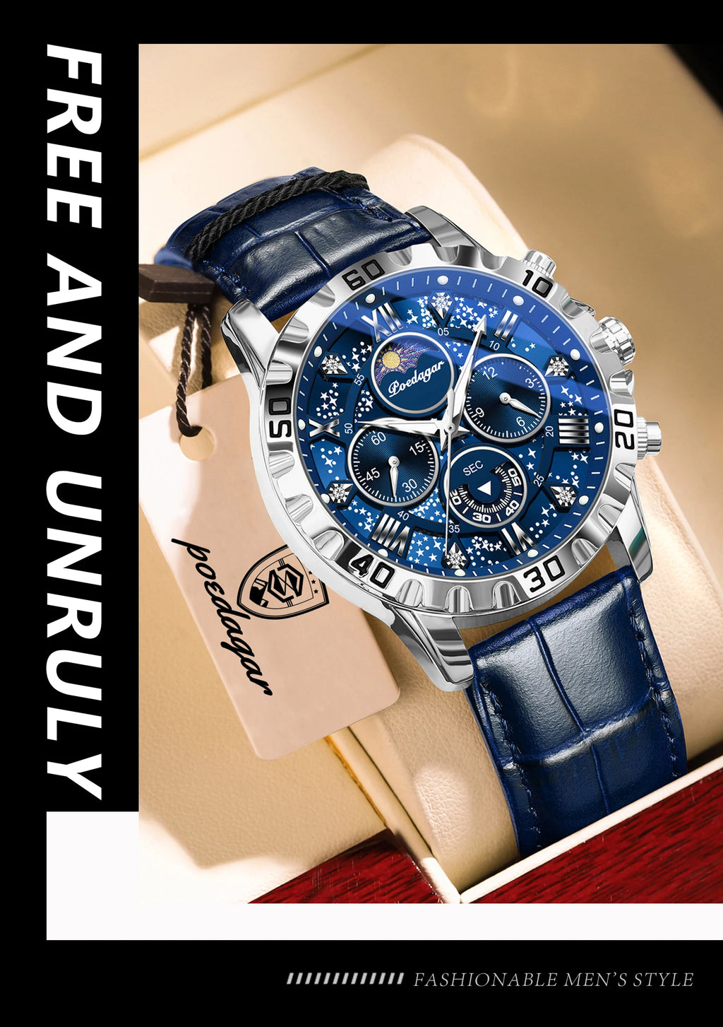 POEDAGAR Top Functional Luxury Man Wristwatch Waterproof Luminous Chronograph Leather Sports Watches For Men Quartz Men's Watch