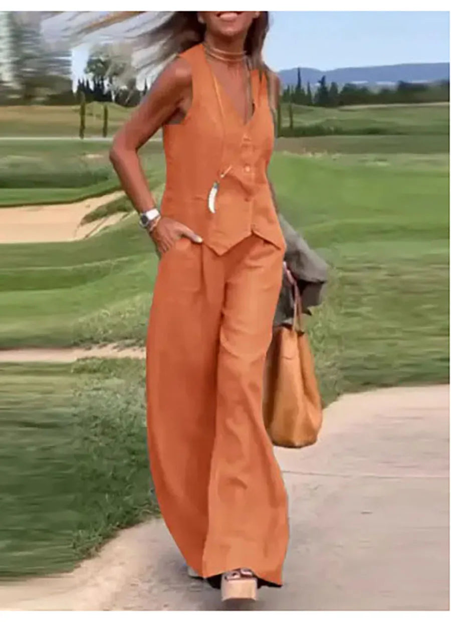 Casual Tank And Wide Leg Pant Sets 2 Piece Sets Women Outfit Summer Elegant Solid Cotton Linen Tops Trousers Suit Femme