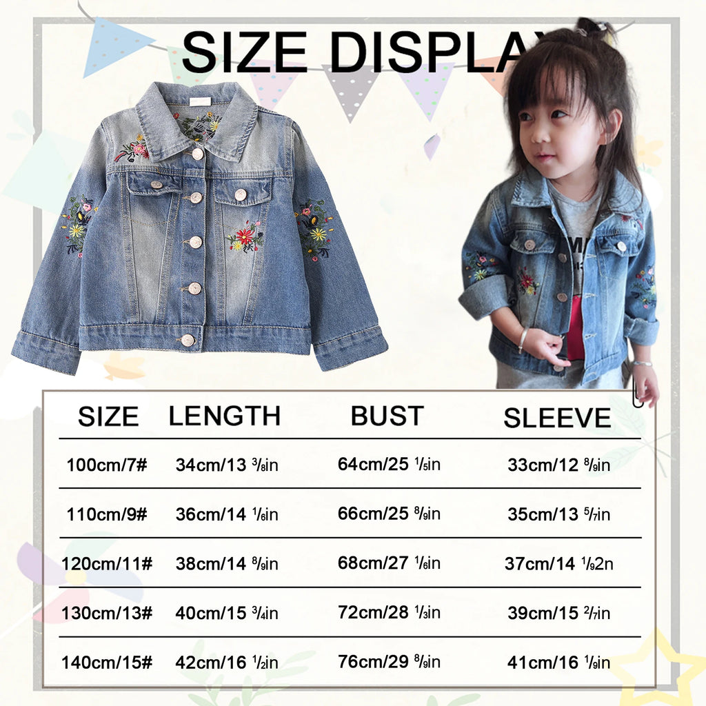Girls' Denim Jacket with Embroidered,Flowers Fashion Kids Denim Jacket,Toddlers Transition Coat,Casual Children's Cowboy Outwear