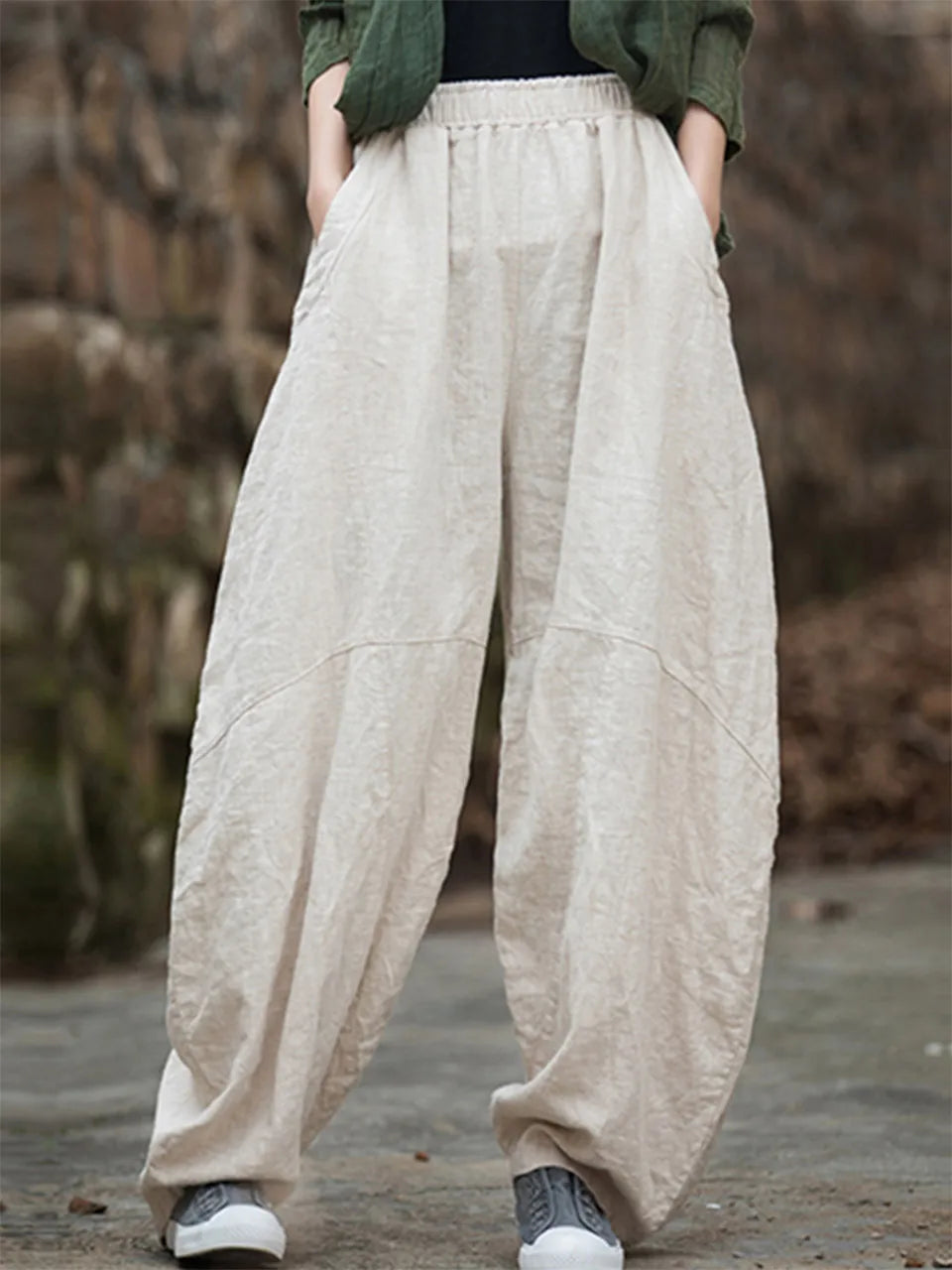 Elegant Women's Cotton Linen Baggy Cargo Pants Vintage Elastic Waist Yoga Trousers Loose Casual Long Wide Leg Oversize Clothes