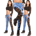 Pencil Pants Jeans Women Sexy Hollow Out Denim Pant Hole Pockets Mid Waist Washed Button Lace Spliced Mom Lady Slight Strech