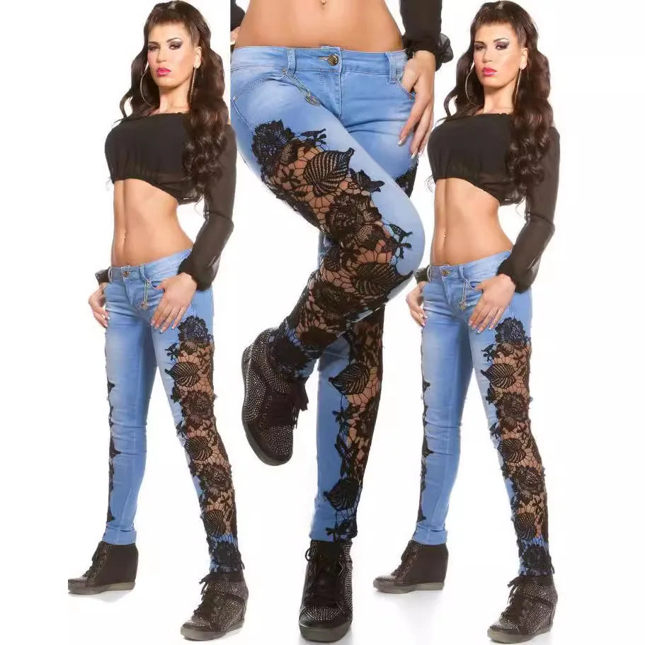 Pencil Pants Jeans Women Sexy Hollow Out Denim Pant Hole Pockets Mid Waist Washed Button Lace Spliced Mom Lady Slight Strech