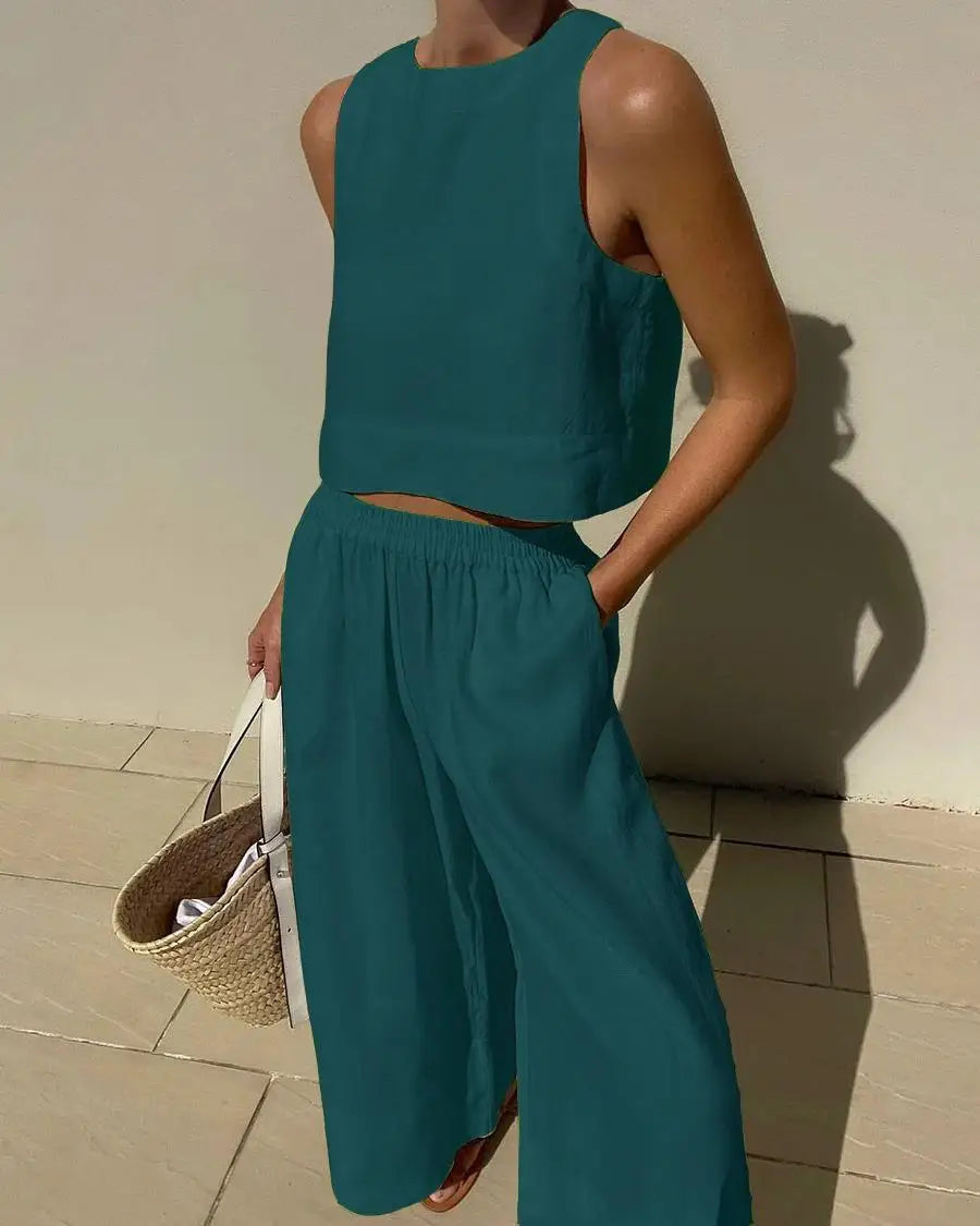 Cotton And Linen Pant Sets Women Sleeveless Leace-up Short Tops Drawstring Long Pants Two Piece Set Commuting 2023 Summer New