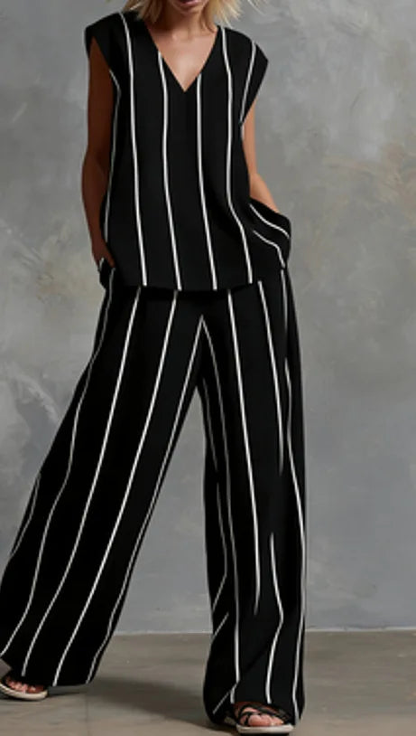 Black White Vertical Striped Loose Top+Wide Leg Pants Two-piece Summer Women's Loose Cotton Linen Trousers Set Костюм Женский