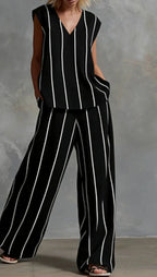 Black White Vertical Striped Loose Top+Wide Leg Pants Two-piece Summer Women's Loose Cotton Linen Trousers Set Костюм Женский