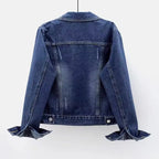 Slim Fit Denim Jacket for Women Short Washed Single Breasted Long Sleeve Tops