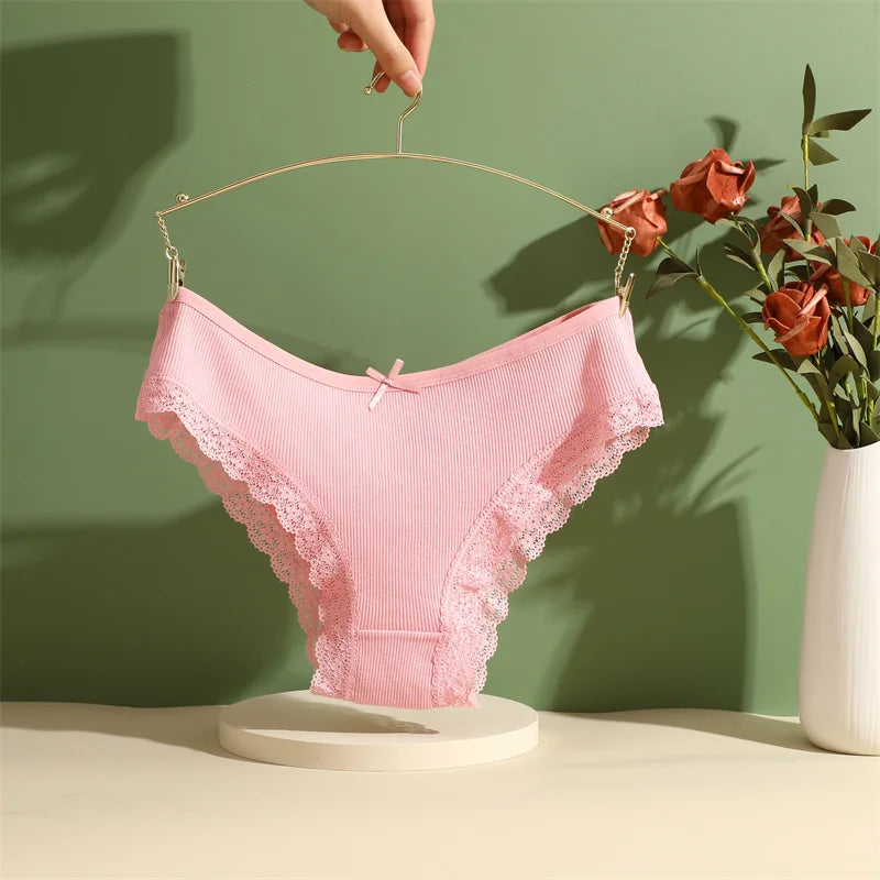 3PCS/Set Women’s Cotton Lace Bikini Panties – Low-Rise Breathable Soft Stretch Underwear (95% Cotton Comfort Fit) Sexy Low Rise Lace Brazilian Panties Hollow Out Soft Breathable Lingerie Female Bow Underwear S-XL