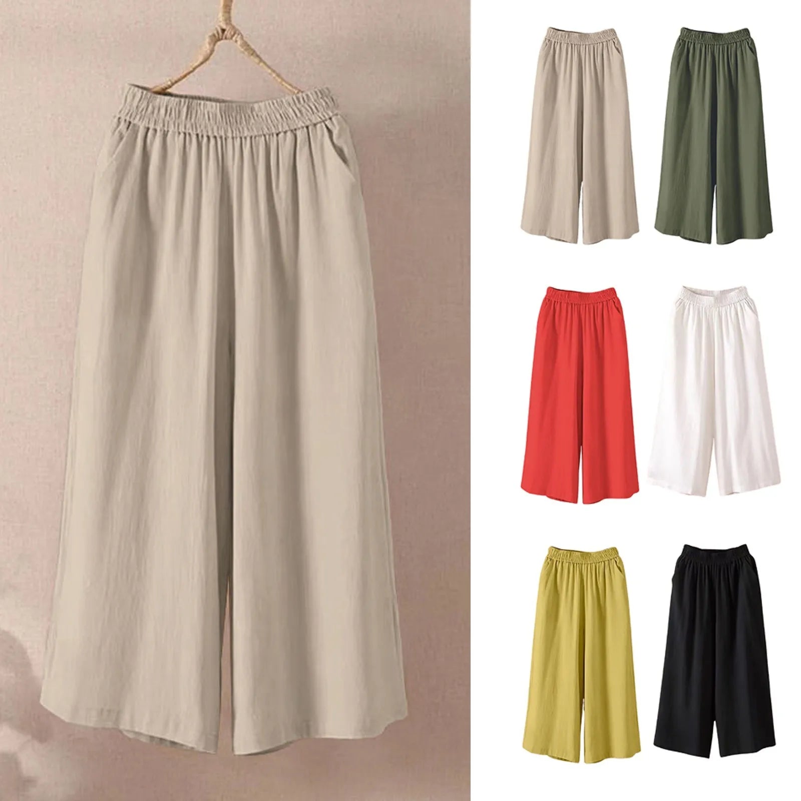 Feamle Casual and Versatile Lazy Style Wide Leg Pants With Pockets Lightweight High Waisted Loose Cropped Capris