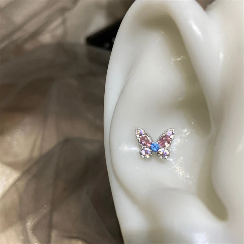 1PCS Delicate Blue Pink Zircon Butterfly 316L Stainless Steel Ear bone nail Y2K Hottie Cute Earring for Women Cochlea Accessorie