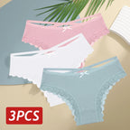 3PCS/Set Women’s Cotton Lace Bikini Panties – Low-Rise Breathable Soft Stretch Underwear (95% Cotton Comfort Fit) Sexy Low Rise Lace Brazilian Panties Hollow Out Soft Breathable Lingerie Female Bow Underwear S-XL
