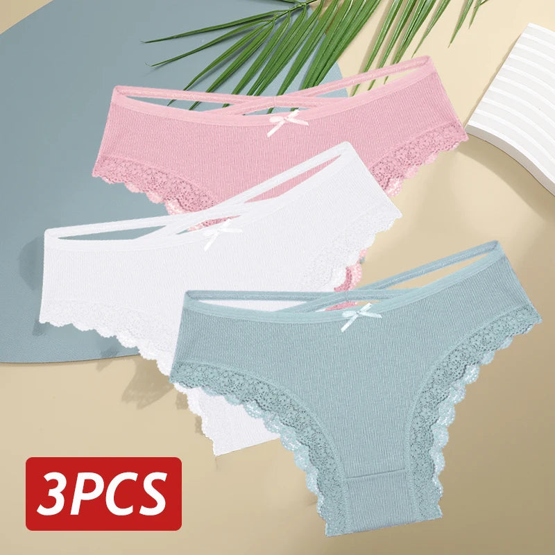 3PCS/Set Women’s Cotton Lace Bikini Panties – Low-Rise Breathable Soft Stretch Underwear (95% Cotton Comfort Fit) Sexy Low Rise Lace Brazilian Panties Hollow Out Soft Breathable Lingerie Female Bow Underwear S-XL