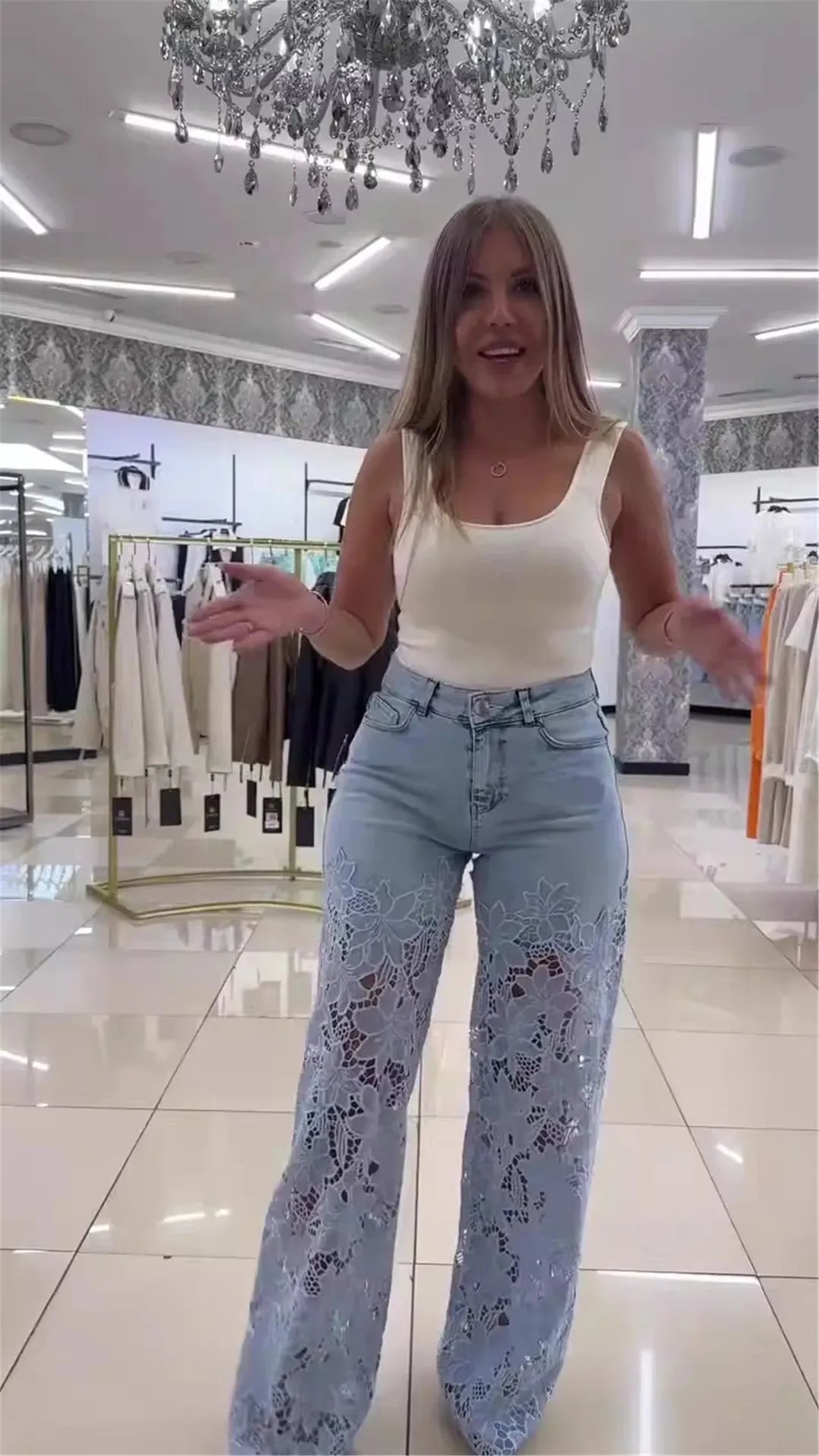 Lace Spliced Elegant Hollow Out Jeans Women New Fashion Temperament High Waist Straight Loose Denim Trousers Y2k Streetwear
