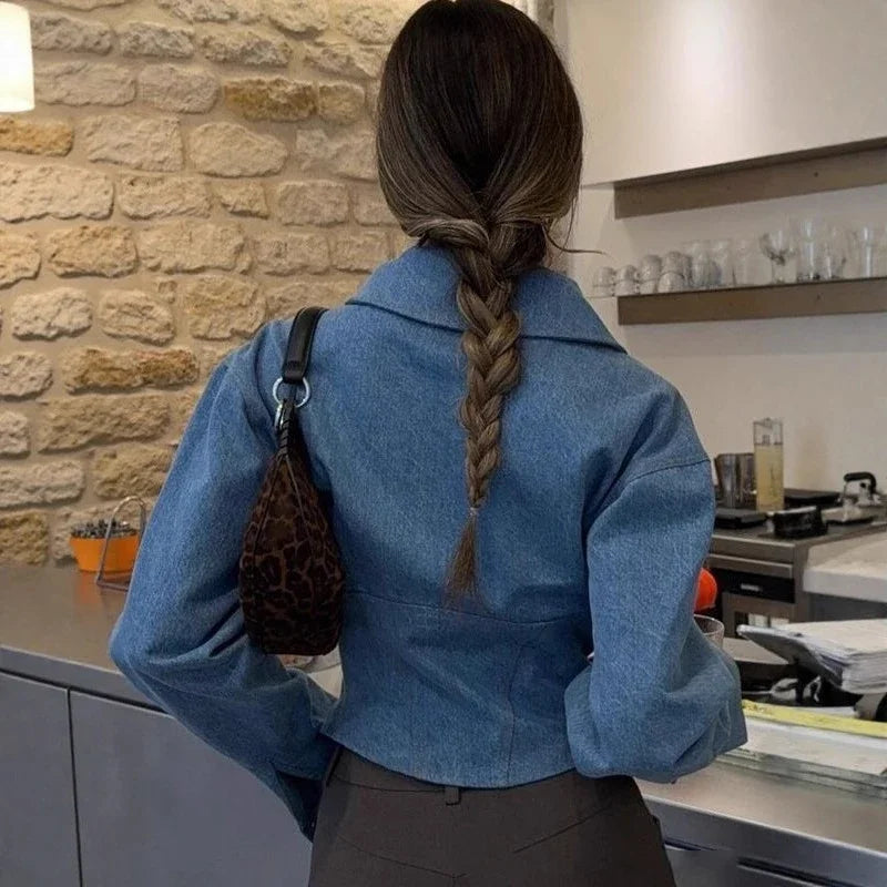 Women Denim Lapel Short Coat Casual Fashion Long Sleeve Vintage High Waist Cardigan Winter Street Lapel Office Commuting Jackets