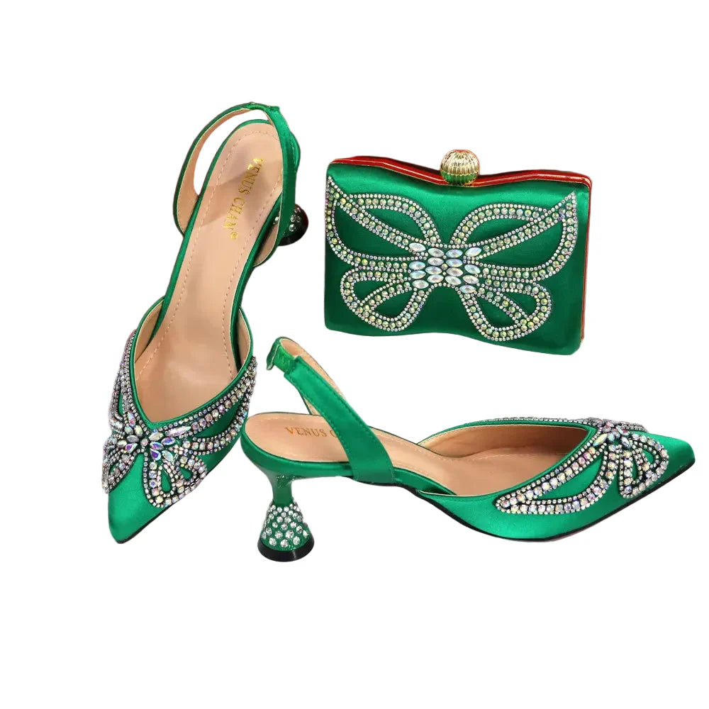 Design Diamond-Encrusted Bag And Pointed High-Heeled Shoes