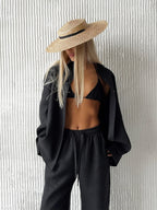 Bornladies Cotton Casual Pants Sets Women's Solid Color Cozy Lapel Long Sleeve Shirt Summer Outfit Elastic Waist Pants Suits