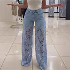 Lace Spliced Elegant Hollow Out Jeans Women New Fashion Temperament High Waist Straight Loose Denim Trousers Y2k Streetwear