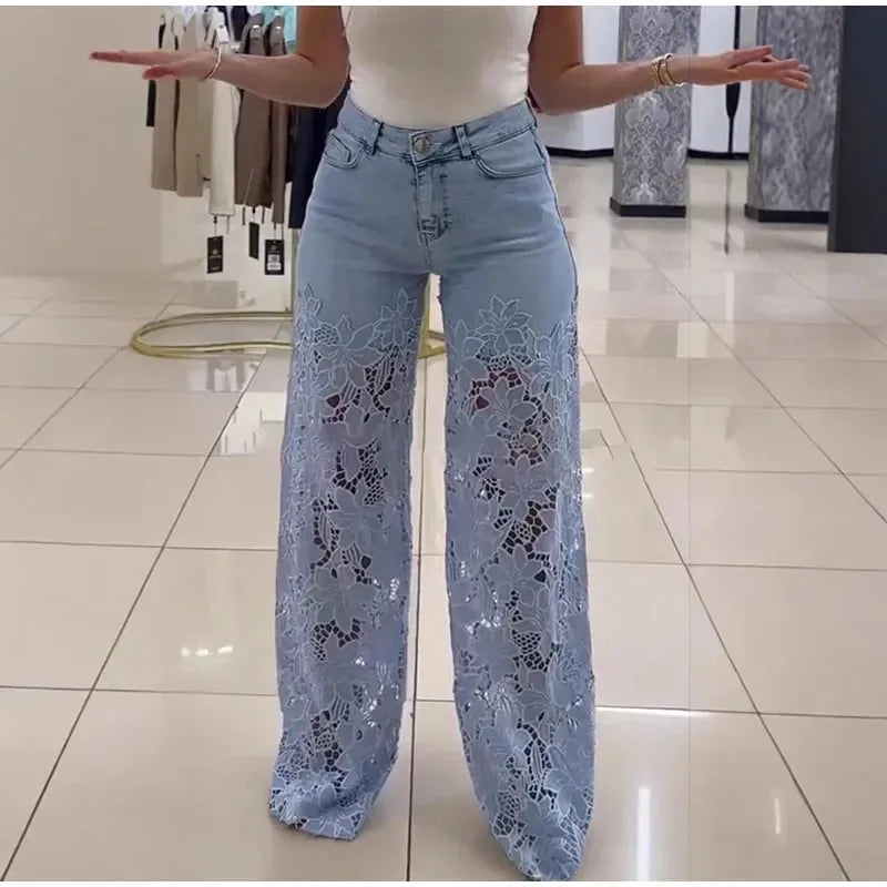 Lace Spliced Elegant Hollow Out Jeans Women New Fashion Temperament High Waist Straight Loose Denim Trousers Y2k Streetwear