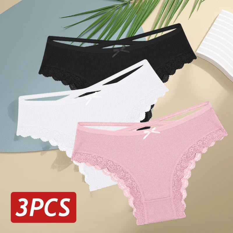 3PCS/Set Women’s Cotton Lace Bikini Panties – Low-Rise Breathable Soft Stretch Underwear (95% Cotton Comfort Fit) Sexy Low Rise Lace Brazilian Panties Hollow Out Soft Breathable Lingerie Female Bow Underwear S-XL