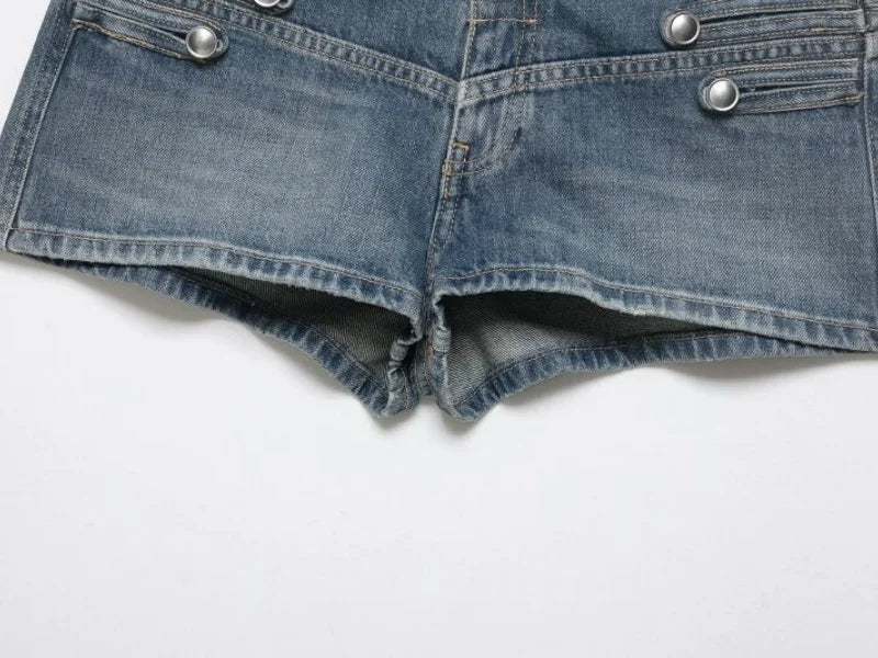 2026 New Women Denim 2 Piece Set Streetwear Button Decorated Stand Collar Cropped Jacket + Low Waist Shorts Y2K Outfi