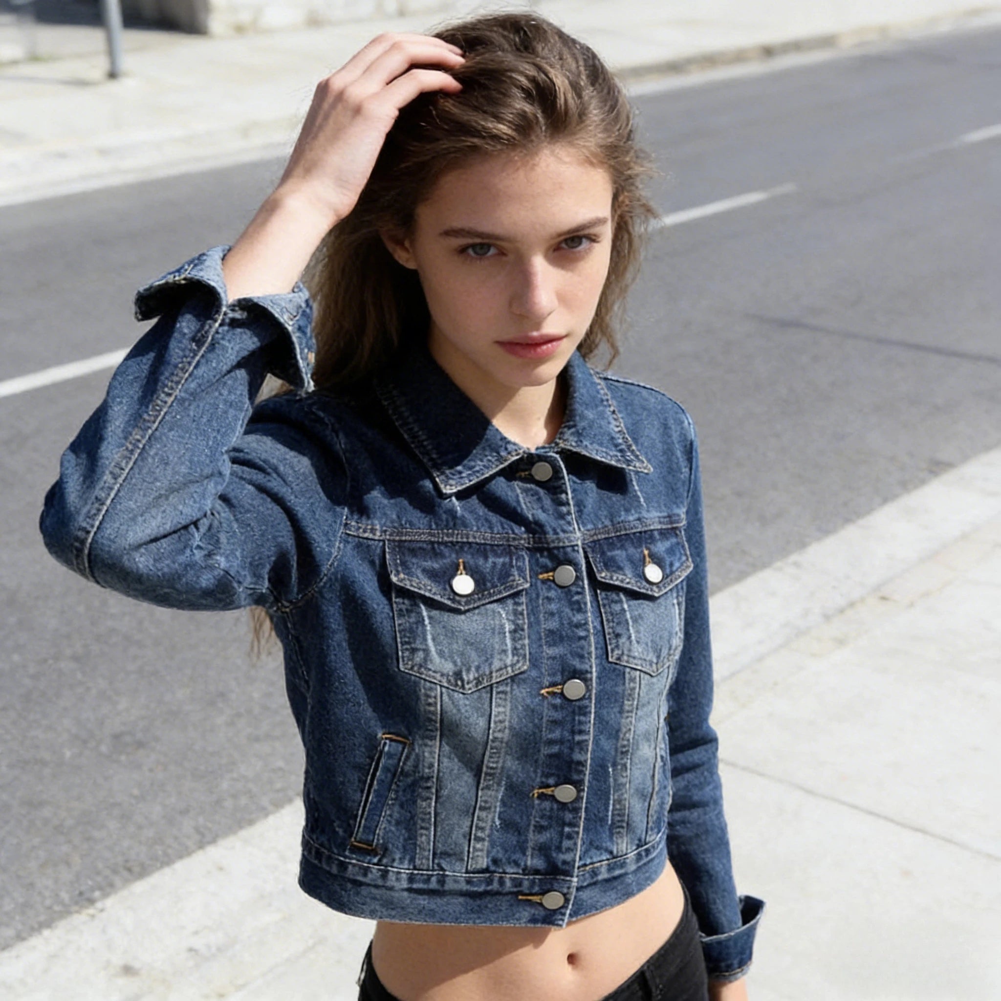 Slim Fit Denim Jacket for Women Short Washed Single Breasted Long Sleeve Tops