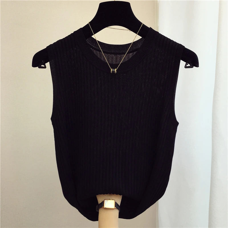 zjais Summer Spring Tanks Top Women Sleeveless Knitted T-Shirts Female Elastic Slim Casual Vests Crop Tops Camis Pullover Shirts