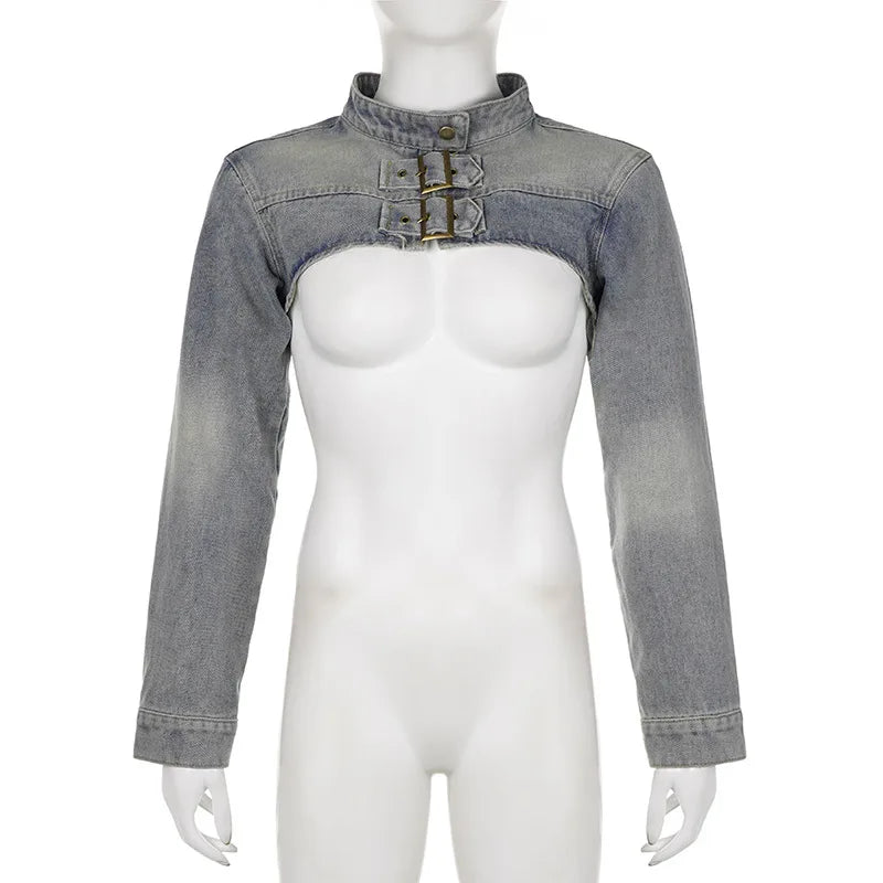 Women Fashion Denim Jacket Y2K Aesthetic Vintage Sexy Crop Tops Coat Japanese Harajuku Streetwear Female Spring Summer Outerwear