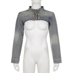 Women Fashion Denim Jacket Y2K Aesthetic Vintage Sexy Crop Tops Coat Japanese Harajuku Streetwear Female Spring Summer Outerwear
