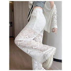 Hollow Lace White Casual Wide Leg 2025 Loose New Lazy Style Design Straight Trousers