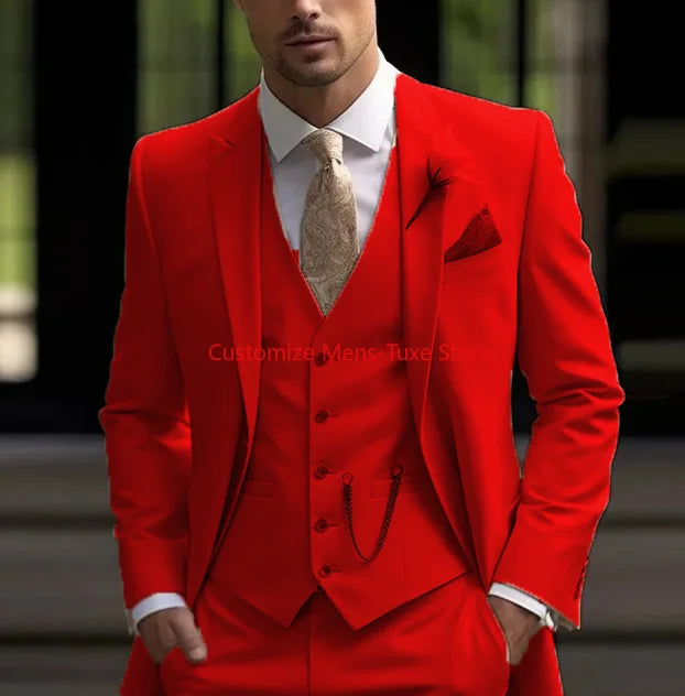 New Beige Suit Men Business Tuxedos Formal 3 Piece Set Jacket Vest Pants Single Breasted Groom Groomsman Prom Wedding Party
