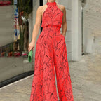 Elegant Printed Halter Neck Leace-Up Jumpsuit Women Sleeveless Fashion High Waist Wide Leg Jumpsuits Casual Streetwear  New