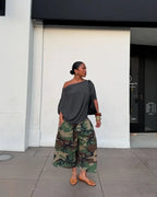 Women's Camouflage Wide Leg Pants Loose Casual High Waist Vintage Pockets Cropped Pants 2025 Fashion Harajuku Capris