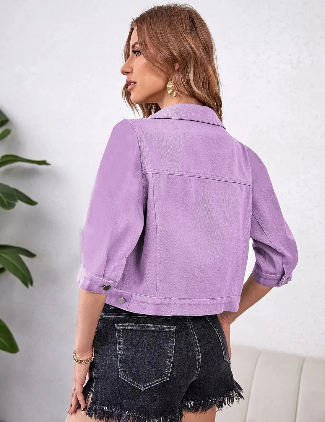 Womens Jean Jacket Cropped Denim Jackets Purple Yellow White Blue Stretchy 3/4 Puff Sleeve Distressed Shacket With Pockets