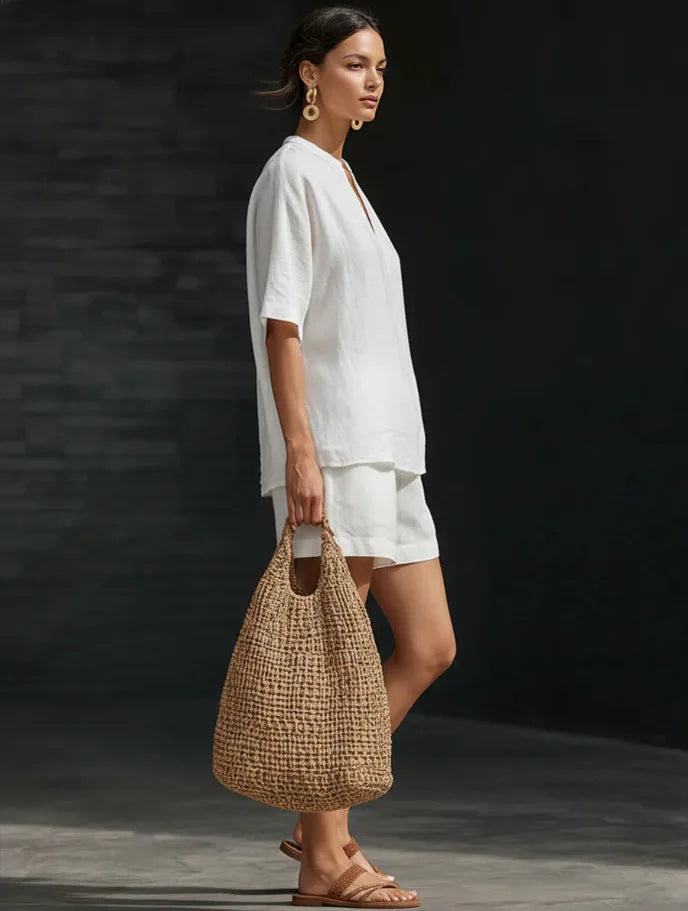 Women Casual Suits Fashion Two Pieces Sets Spring Summer Cotton Linen Loose Long Sleeve Drawstring Blouse Ruffles Shorts Set